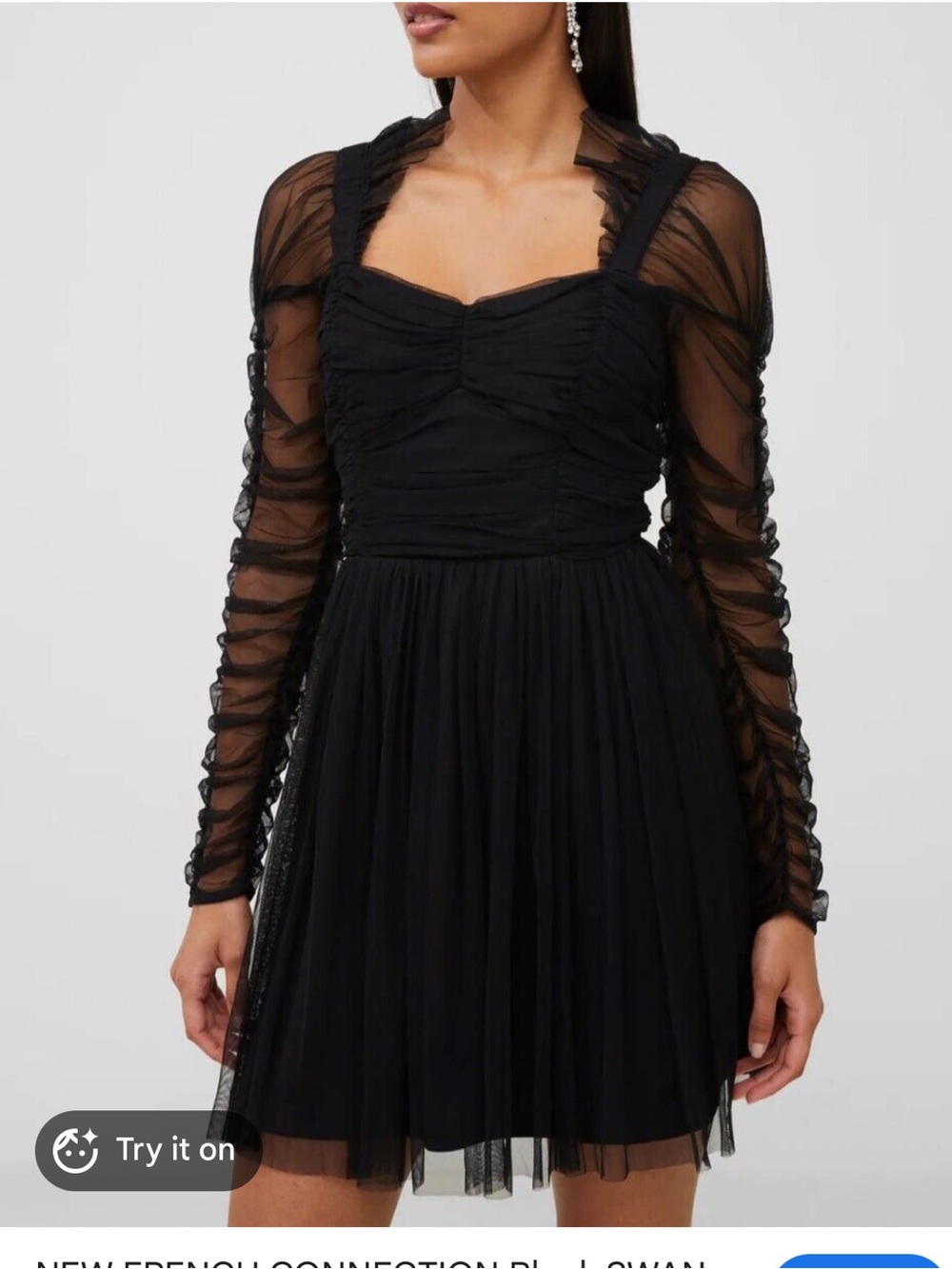 French Connection Black Ruched Tulle Long Sleeve Dress